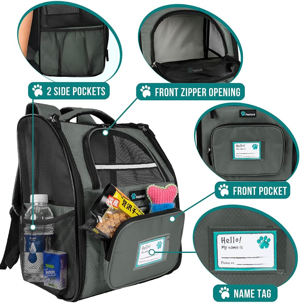 PetAmi Dog Backpack Carrier for Small Large Cat, Pet, Puppy, Ventilated Pet Hiking Backpack Travel Bag, Airline Approved Cat Backpack Carrier, Camping Biking Dog Bag Up to 18lbs Pet, Dark Grey