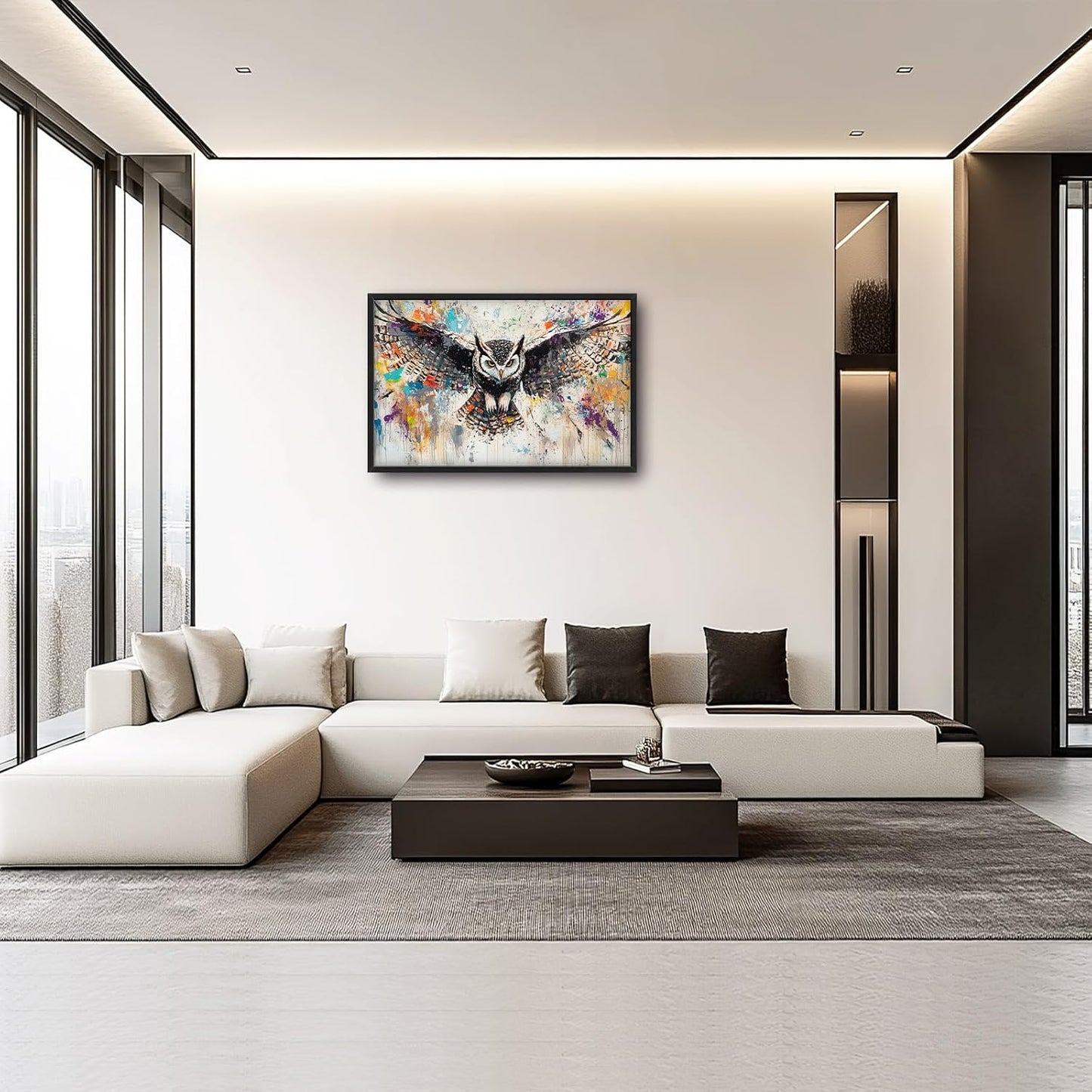 Large Owl Wall Art for Living Room, Framed Oversized Banksy Owl Wall Decor Colorful Wildlife Canvas Painting Animal Pictures Modern Artwork for Living Room Bathroom Bedroom Office Dining Room 36"x24"