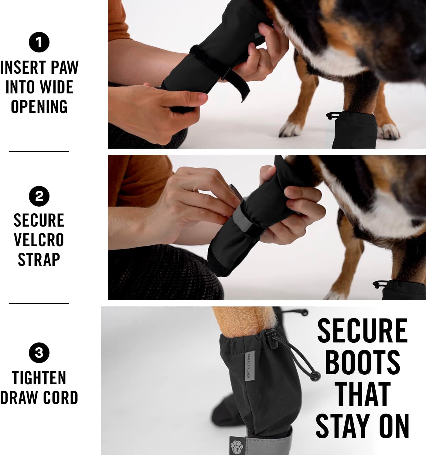 Canada Pooch Dog Winter Boots - Paw Protection, Anti-Slip Dog Shoes with Reflective Strap, Easy On for Small Medium Large Dog Booties - Black, Size 2