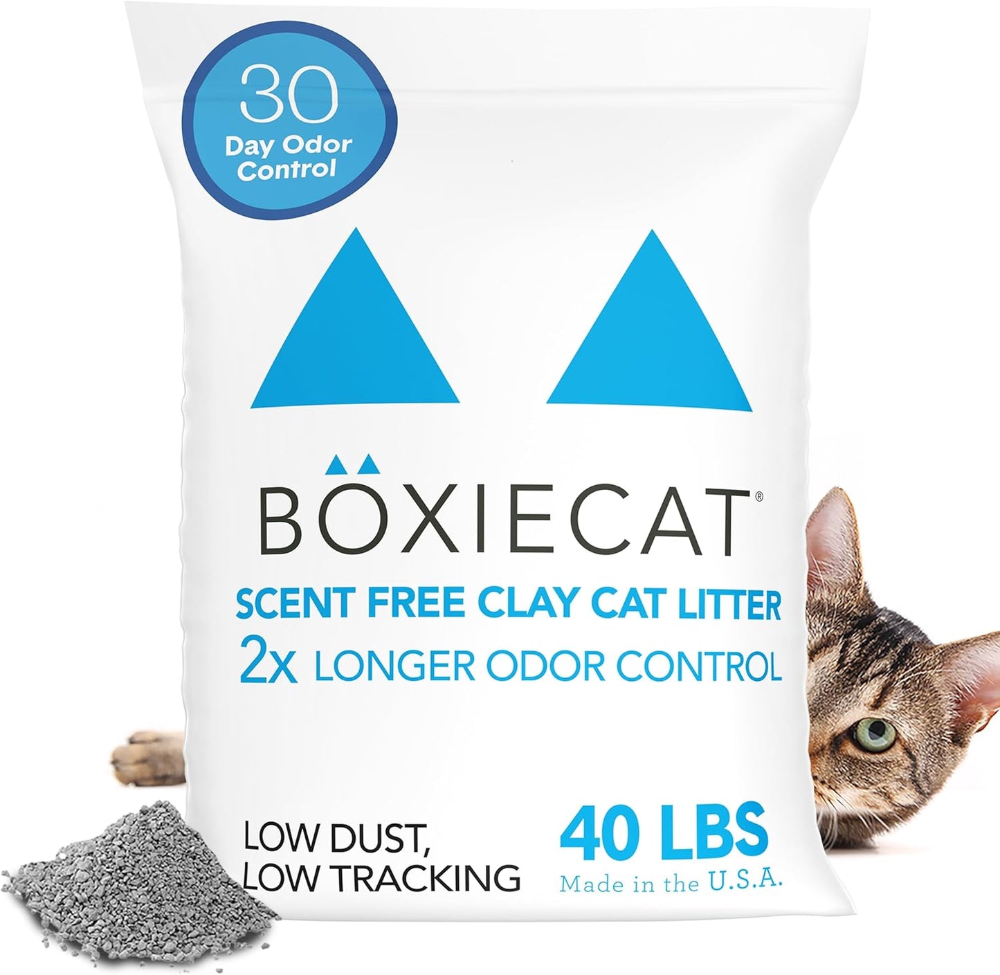 Boxie® Unscented 30 Day Odour Control Clumping Clay Cat & Kitty Litter 40 lb, 99.9% Dust-Free, Hard Flat Top® Clumps, No Fragrances No Fillers, Long-Lasting, Easy to Scoop