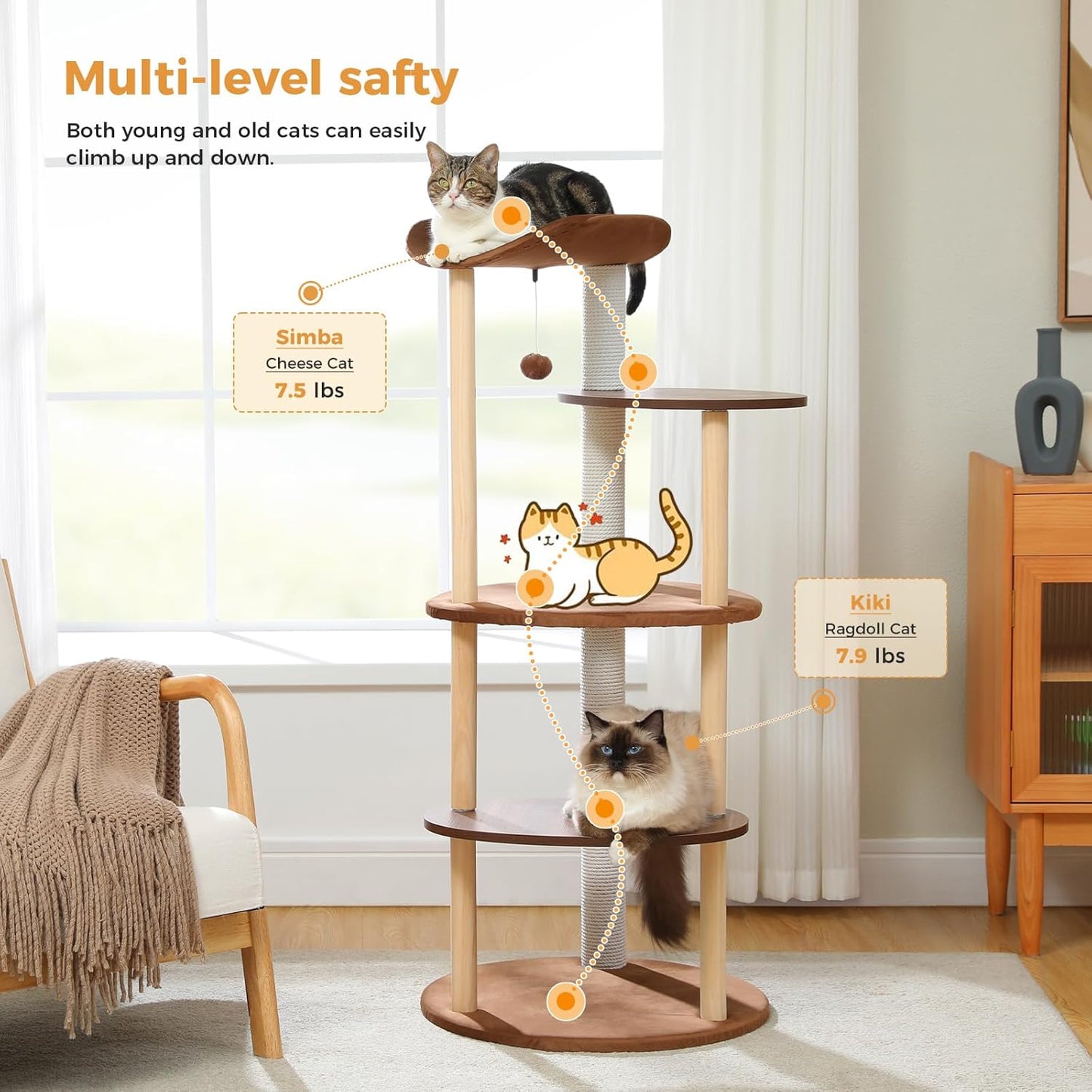 PETEPELA Wood Cat Tree Tower for Indoor Cats,5-Level Modern Cat Tree Cat Activity Center with Scratching Posts, Brown