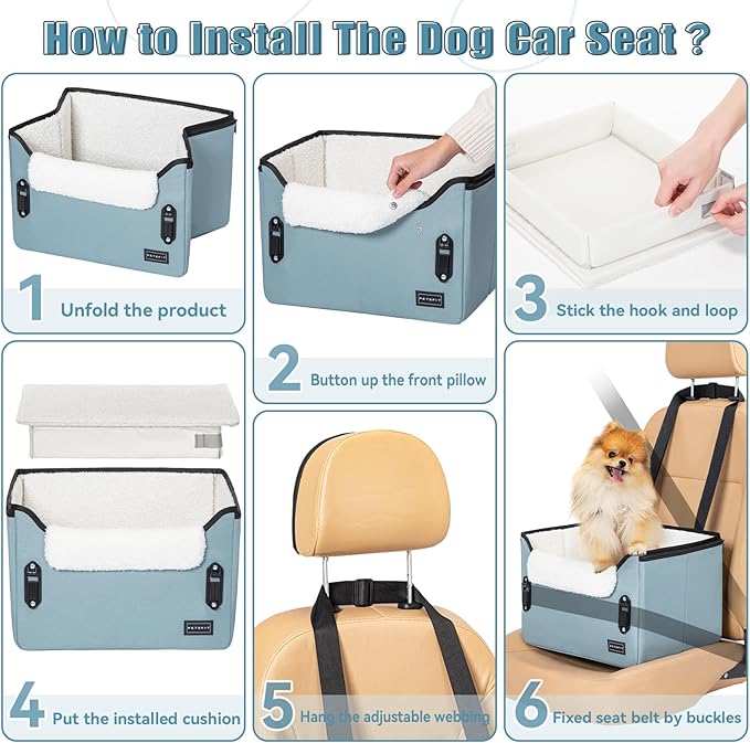 PETSFIT Dog Car Seats for Small Dogs, Patent Safe Buckles Dog Booster Car Seat, Pet Car Seat with Safety Belt, Suitable for Small Pets Up to 25lbs (Mint Green)