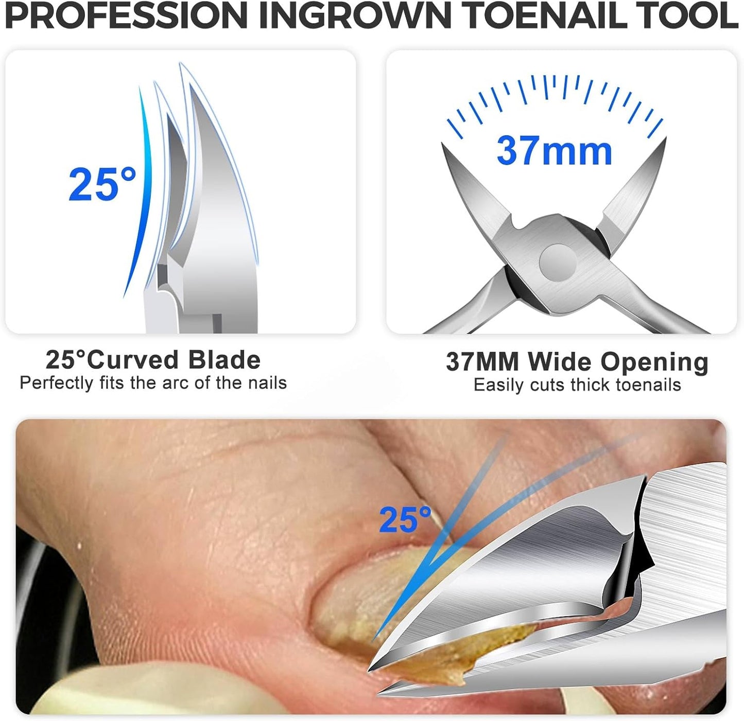 Toenail Clippers for Ingrown Thick Toenails, 16mm/37mm Wide Opening Heavy Duty Toe Nail Clippers for Men Thick Nails with Long Handle, 45 Degrees Very Sharp Slanted Curved Blade Toenail Clippers