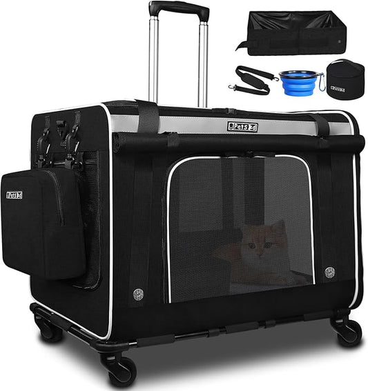 Petskd Extra Large Cat Carrier with Wheels and Litter Box, 24"x17"x17" Rolling Soft Carrier Until 55LBS Pets with 5 Breathable Mesh Windows and Locking Zippers for Long Distance Car Travel(Black)