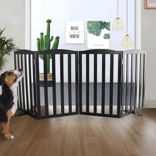 ZJSF Foldable Freestanding Indoor Dog Gate for House Wood Long Pet Gates Dog Fence for Stairs Puppy Gates for Hallways, Puppy Gate,Support Feet Included, Black, 32 "Height-4 Panels