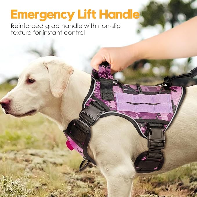 Heavy-Duty Tactical Dog Harness for Large Dogs, No Pull Adjustable Reflective Pet Vest with Molle System, K9 Military-Grade Control for Service Training, Outdoor & 10+ Breeds, Purple Camo, Small