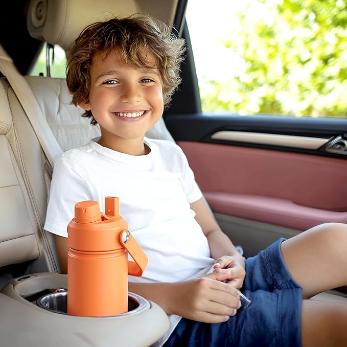 Kids Insualated Water Bottle with Straw - 12oz Stainless Steel Water Bottle with Dual Spouts, Leak-Proof, BPA-Free, Double Wall Vacuum Keeps Cold for 24 Hours for Sports, Travel, School (Cream Moon)