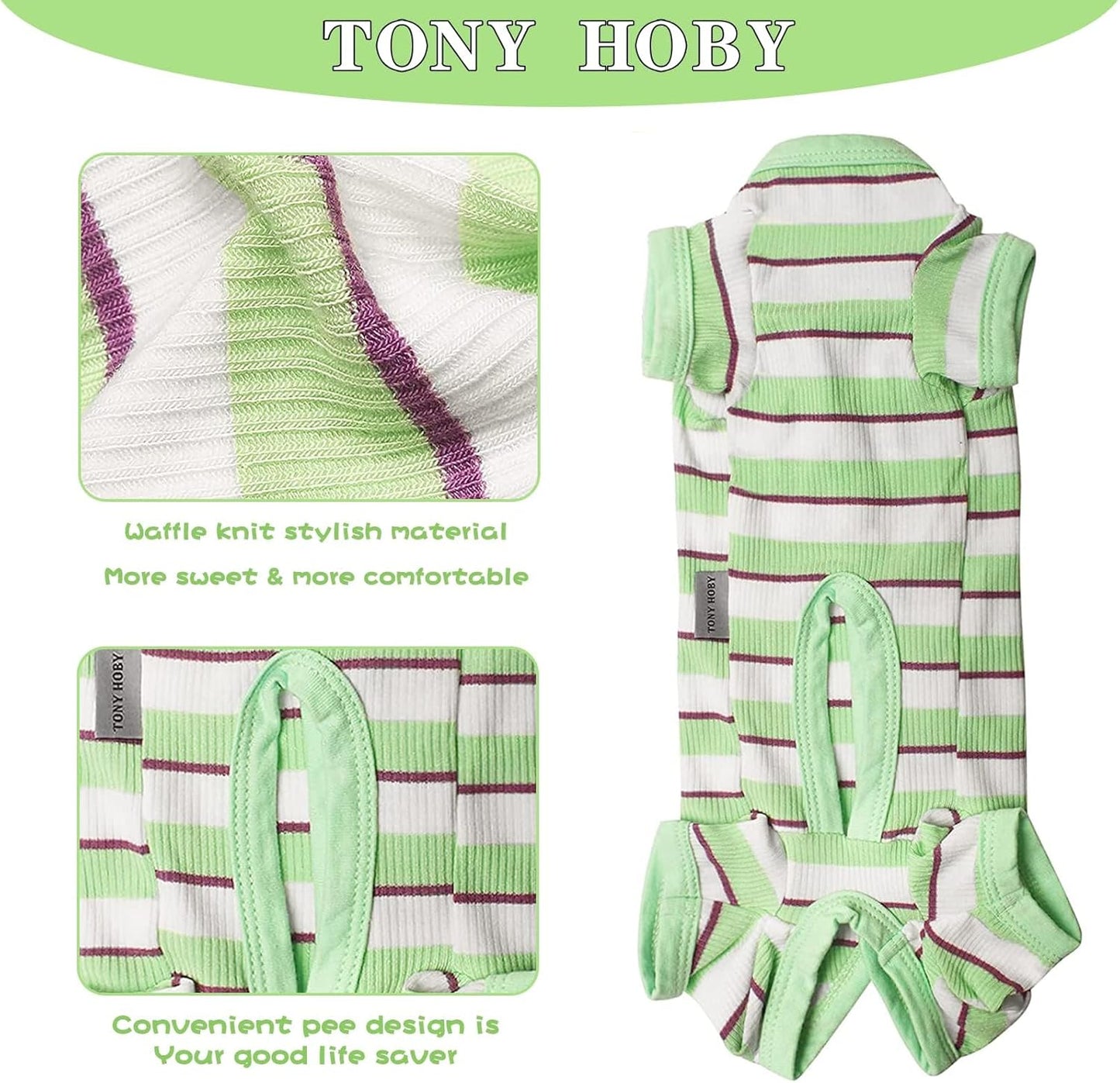 TONY HOBY Dog Pajamas, Male Dog Jumpsuit with Green Stripe, Dogs Clothes for Small Medium Size Dogs (Green&White, Boy, XS)