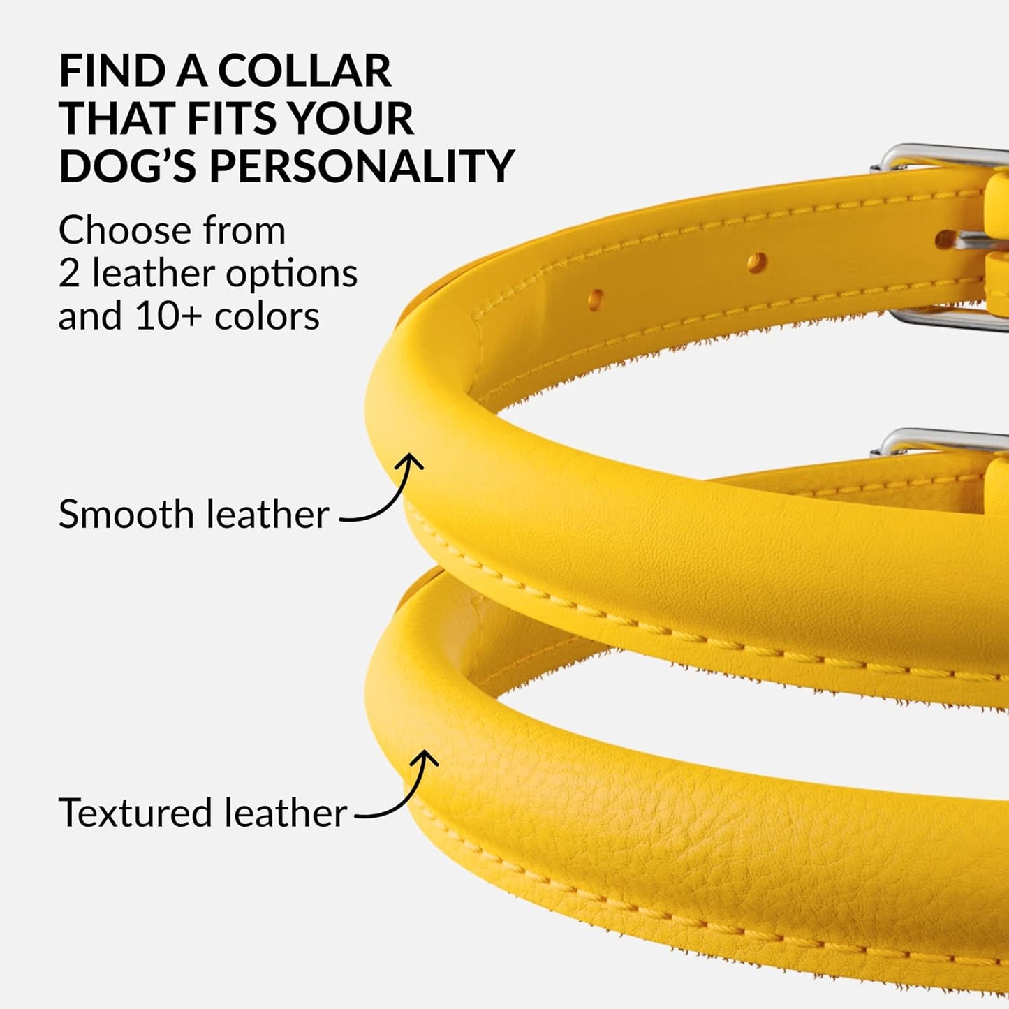CollarDirect Rolled Leather Dog Collar, Soft Padded Round Puppy Collar, Handmade Genuine Leather Collar Dog Small Large Cat Collars 13 Colors (15-19 Inch, Yellow Smooth)