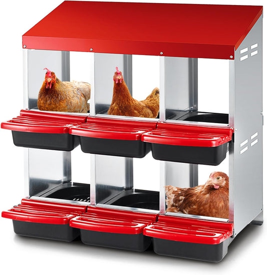 Chicken Nesting Box 2-Tier Galvanized Steel 6 Holes Nesting Boxes for Chickens Durable & Weather-Resistant Chicken Egg Laying Box Holds Up to 30 Hens with Removable Tray for Easy Cleaning