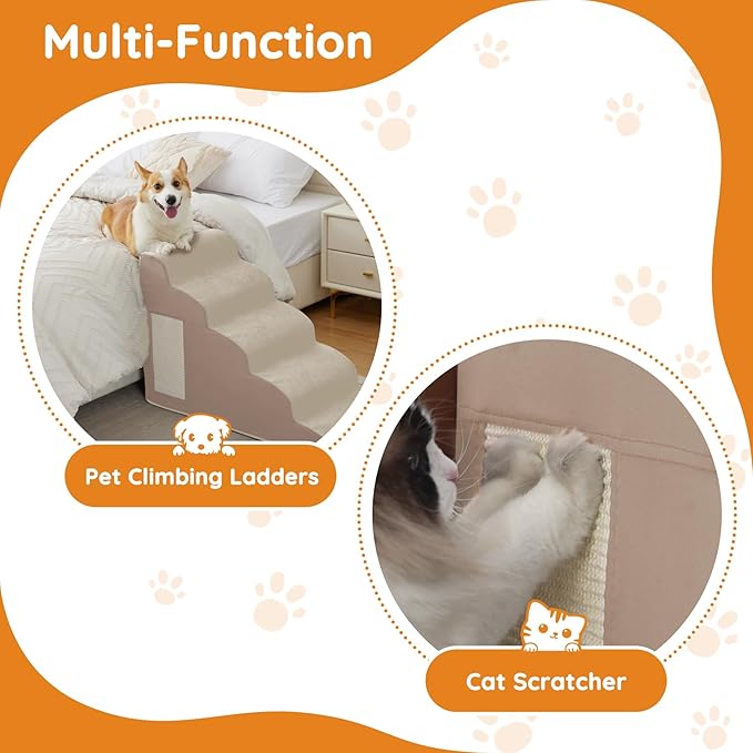 Pet Stairs for Small Dogs - 3-Step Curved Dog Ramp for Bed, Couch, Sofa, Car and Chairs - Non-Slip Bottom Design - Cat Scratching Board - High Density Foam Portable Pet Step - Beige