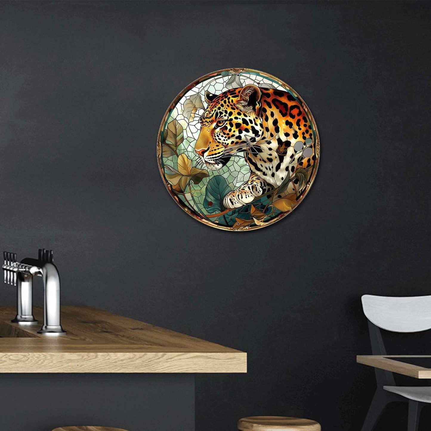 Lygond Metal Sign Tin Sign Circular Stained Glass Leopard Vintage Metal Sign for Gift 12×12 Inches