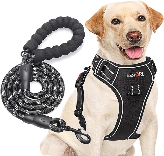 No Pull Dog Harness Adjustable Reflective Oxford Easy Control Medium Large Dog Harness with A Free Heavy Duty 5ft Dog Leash (L (Chest: 25.5"-31"), Black Harness+Leash)