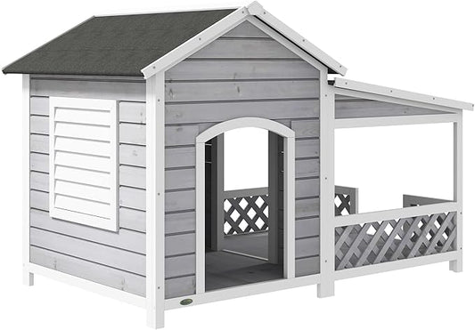 PawHut Wooden Dog House Outdoor with Porch, Cabin Style Raised Dog Shelter with Asphalt Roof, Doors, and Shutter Window, for Medium Large Sized Dog, Light Gray