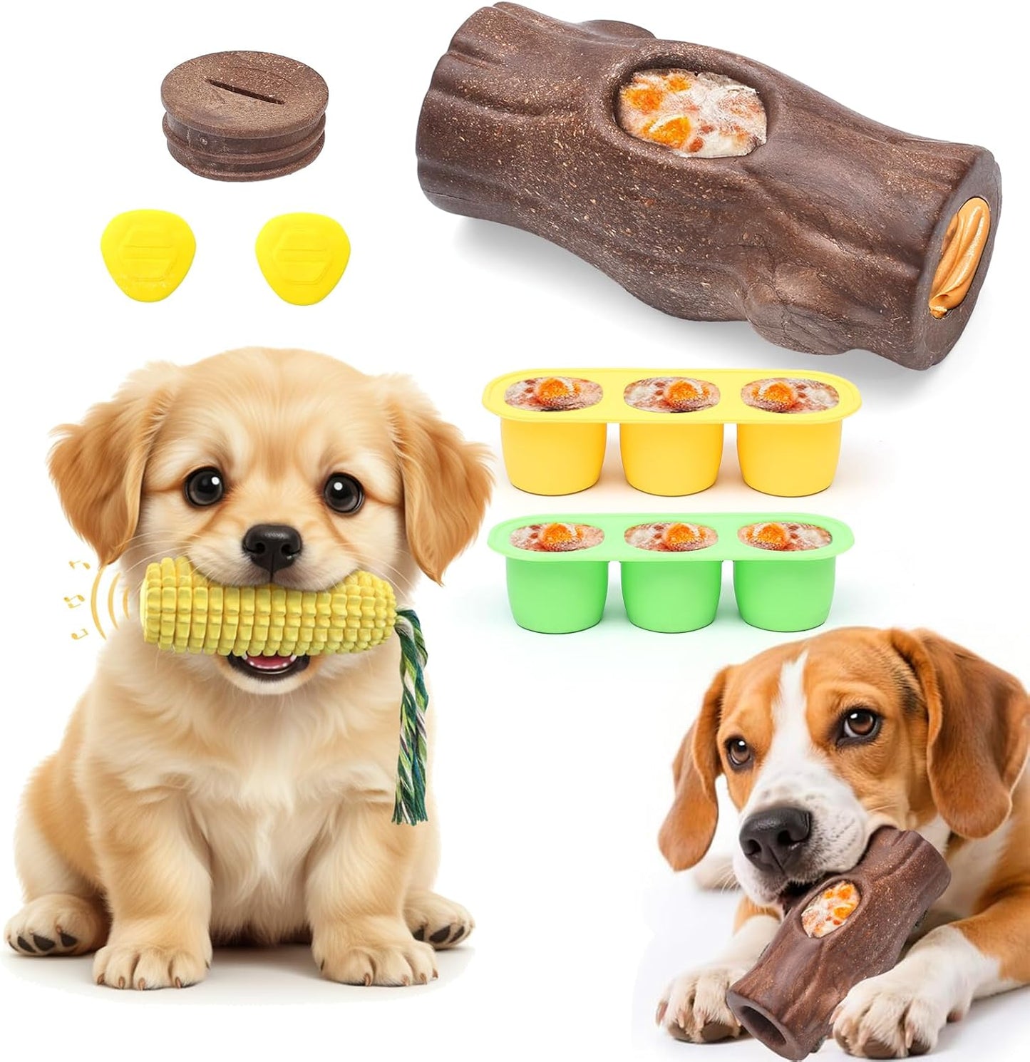 Corn Shape Dog Chew Toy for Small to Medium Dogs – Puppy Teething Toys with Squeaker; Tree Stump Chew Toy for Medium to Large Dogs – Design with Frozen Treat Molds & Peanut Butter Grooves