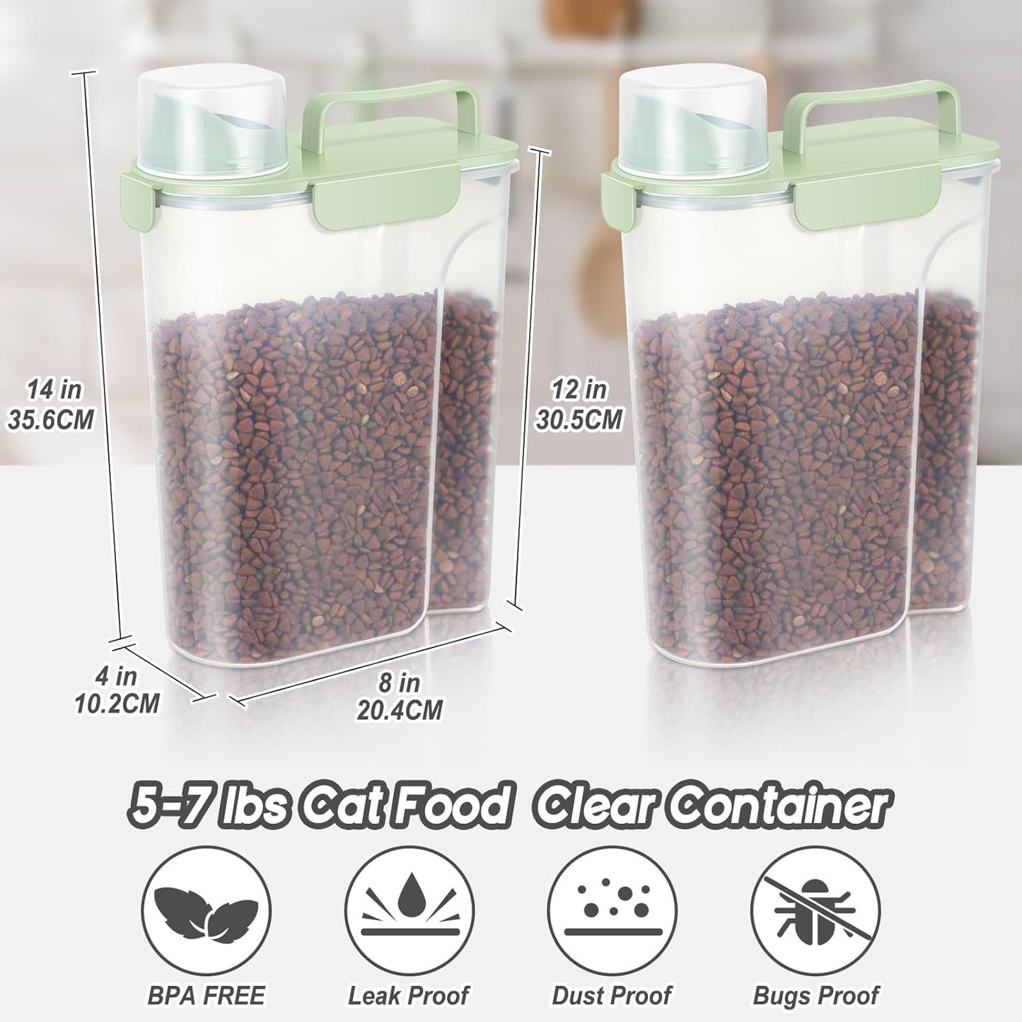 5-7Lbs Dog Cat Food Storage Container with Upgraded Large Nozzle BPA-free, 4 Snap Seals Plastic Pet Food Storage Containers with Handles (3, Light Green, 5L)