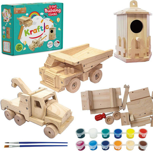 Kraftic Woodworking Building Kit for Kids and Adults, with 3 Educational DIY Carpentry Construction Wood Model Kit Toy Projects for Boys and Girls - Tow Truck, Birdhouse and Dump Truck
