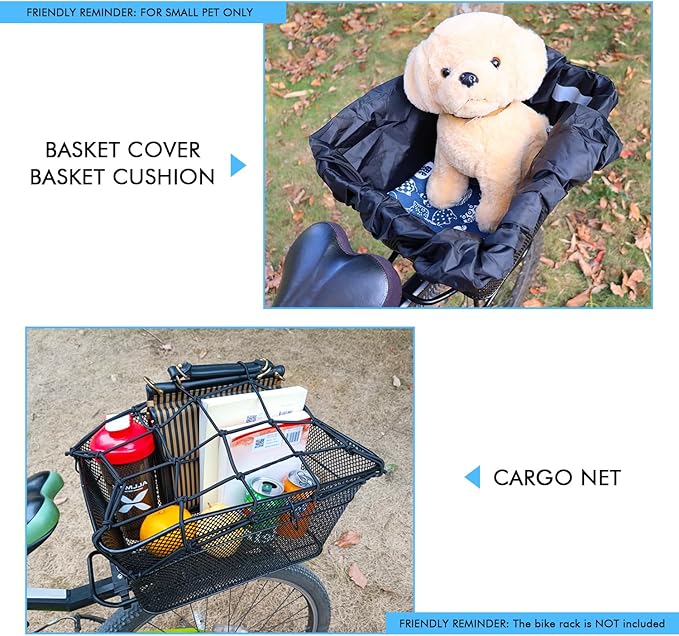 Rear Bike Basket, Tool-Free Install, Dog/Pet Carrier, Ebike Electric Bicycle Back Cargo Basket, Fits Most Rear Racks, with Waterproof Cover, Cargo Net