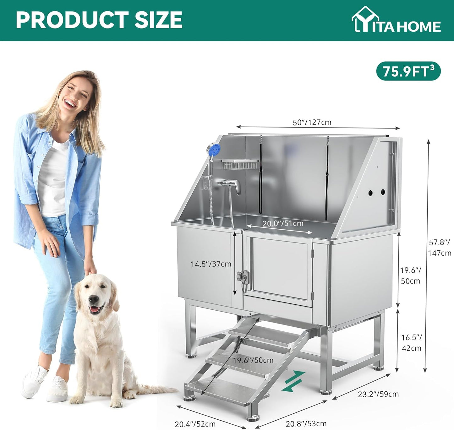 YITAHOME Professional Dog Bathtub 50in, Stainless Steel 304 Dog Bathing Station for Home, Pet Grooming Tub w/Right Stairs, Faucet, Floor Grate, Pet Washing Station for Large, Medium, Small Pets