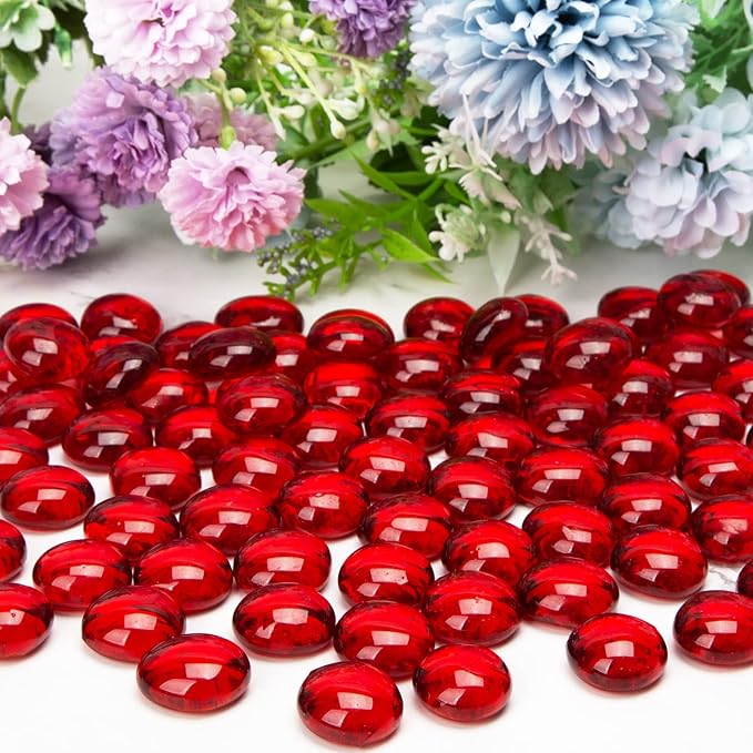 FUTUREPLUSX 1LB Red Glass Beads, Flat Glass Marbles Burgundy Pebbles Marbles for Vases Decorative Red Colored Gemstones Fish Tank Table Scatter Decor Art Craft