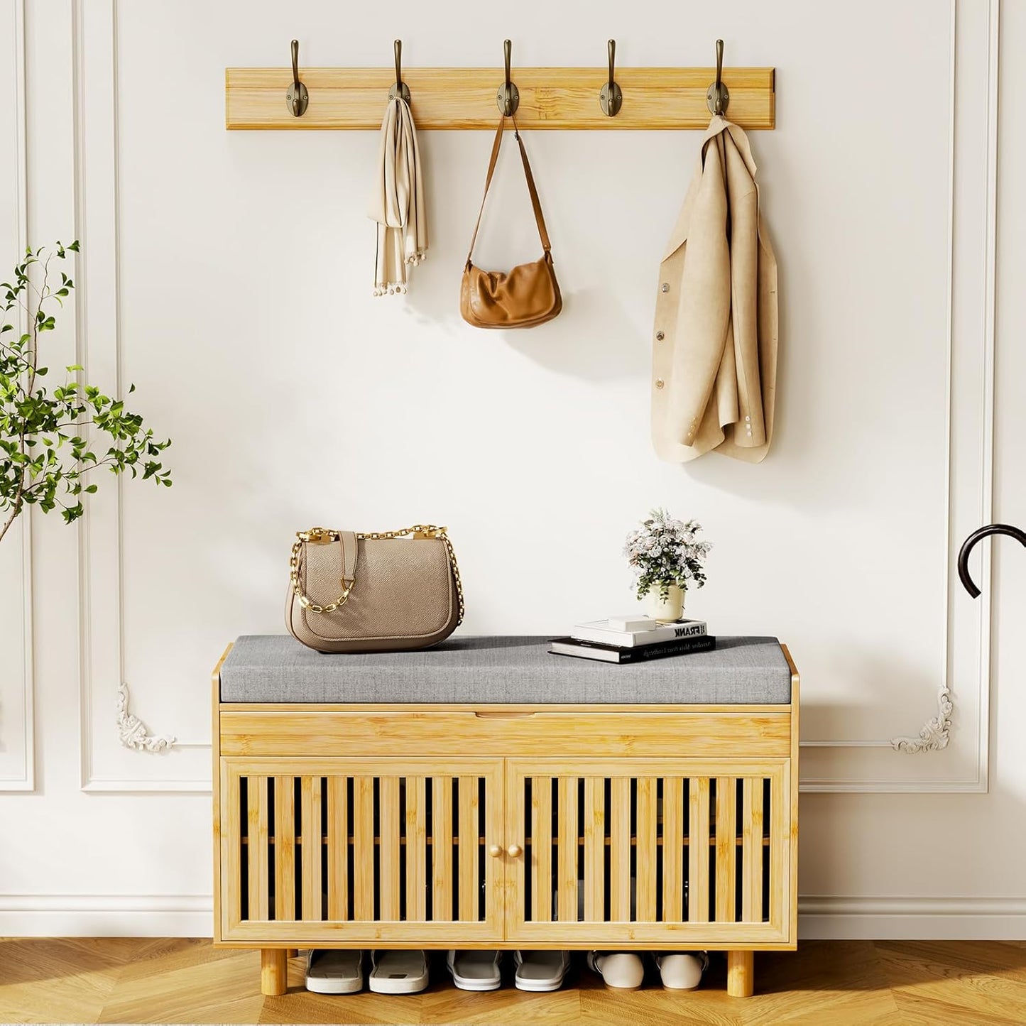 Coat Rack Shoe Bench Set, Bamboo Shoe Storage Bench with Seat Cushion & 5 Hooks, Hall Tree Entryway Bench with Lift Top Hidden Storage, 35.4" W x 12.6" D x 19.7" H, for Entryway, Living Room, Bedroom
