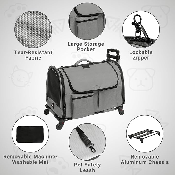 Large Pet Carrier with Wheels, Foldable Rolling Dog Carrier with Wheels and Big Pocket, Cat Rolling Bag 21"x13"x13" for 2 Cats &Dogs, for Travel, Outdoor, Vet Visits, Camping, Indoor. Gray
