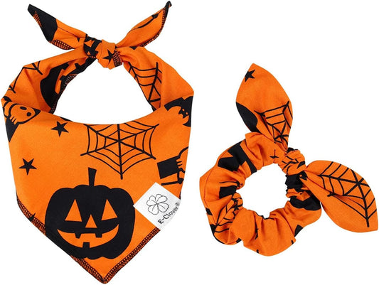 E-Clover Halloween Dog Bandanas & Matching Scrunchie Set Pumpkin Dog Bandana Triangle Pet Bibs Scarf Outfit for Small Medium Large Dogs Owner Orange Fall