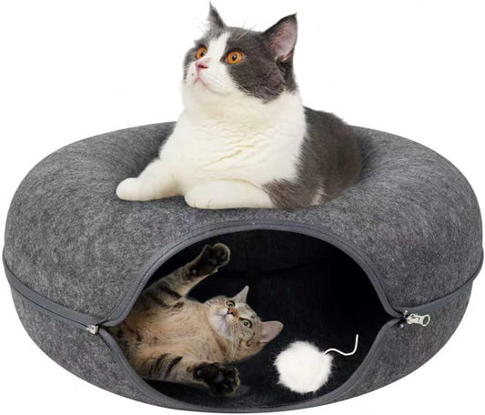 Pawise Peekaboo Cat Cave Donut Tunnel Bed, Cat Tunnel Bed,Bonus Separate Pom-Pom Bell Toy (Not Attached to Cave),Convertible Felt Cats Cave for Indoor Catty(X-Large)
