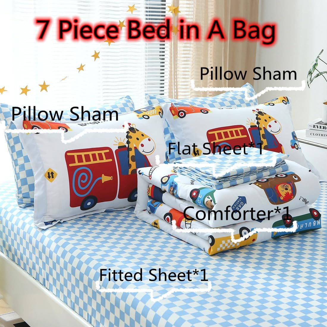 Kids Cars Animal Comforter Set Full Size for Boys Girls Teens 7 Piece Cartoon Construction Fire Truck Excavator Police Ambulance Lion Cat Dog Elephant Bedding Set Bed in A Bag,Colourful