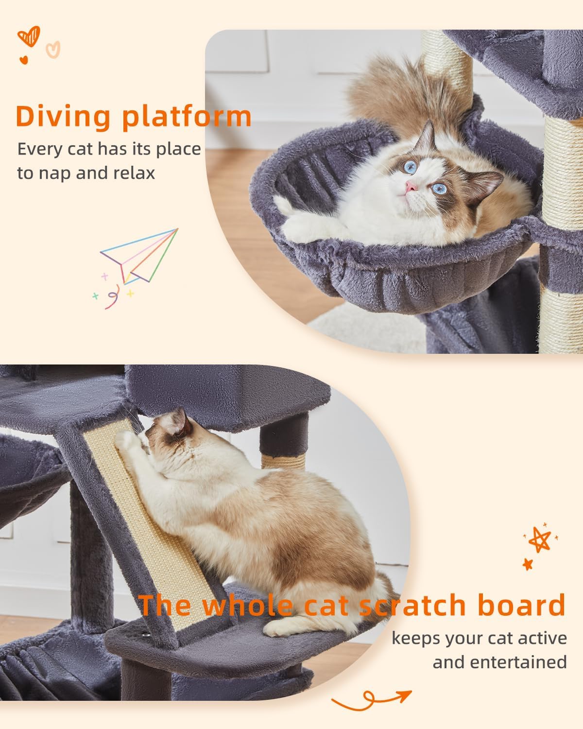 Taoqimiao Cat Tree 57.5-Inch, Cat Tower for Indoor Cats Large Adult, Extra Large Cat Condo, 8 Sisal Scratching Posts, Metal Frame Cozy Hammock, Durable Scratch Board, 2 Top Perches, Smoky Gray MS026G