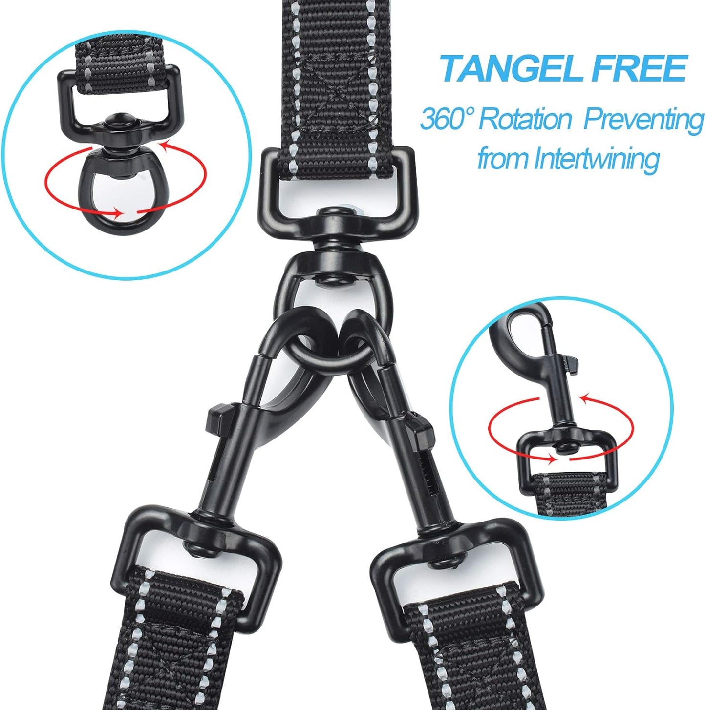 PetBonus Double Dog Leash, No Tangle Dual Leash, Reflective Walking Training Lead, 4 Comfortable Padded Handles for 2 Dogs with Collapsible Bowl and Waste Bags (Black, Large)