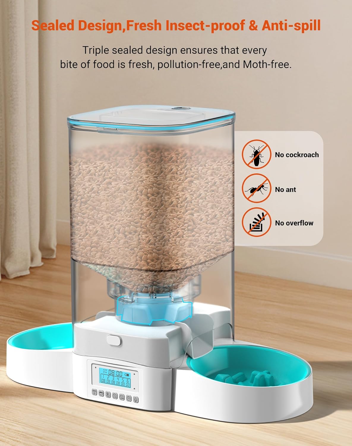 HoneyGuaridan Automatic Cat Feeder for Two Cats,5L Cat Food Dispenser with Slow Feeder Bowl,Timed Cat Feeder Programmable 1-6 Meals Control, Dual Power Supply,Desiccant Bag,10s Meal Call White