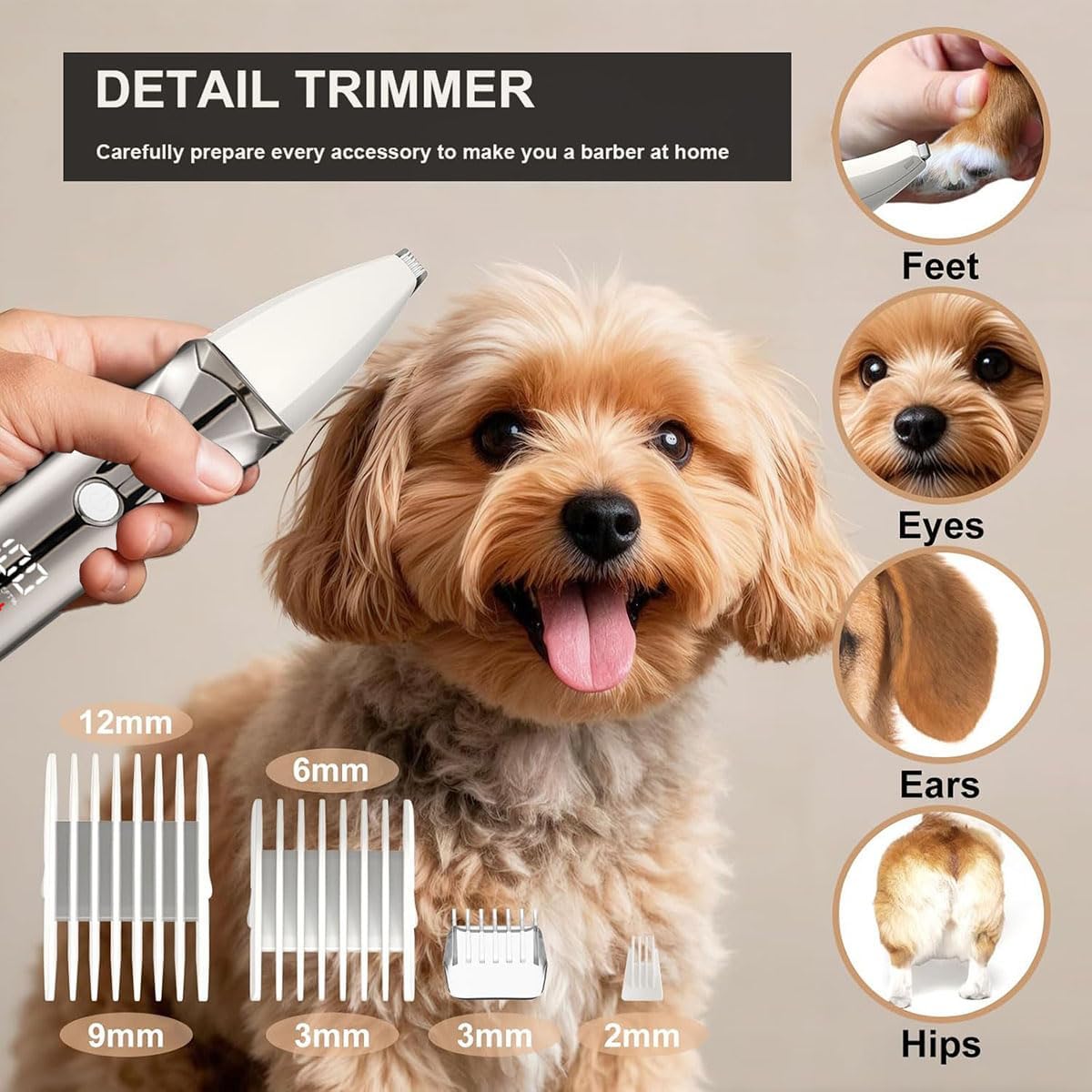 Dog Grooming Kit with LCD Display, 4 in 1 Dog Hair Trimmer for Paw Nail Grinder, Rechargeable Cordless Pet Cat Clippers, Professional Pet Paw Trimmer Nail Grinder Low Noise. Gray