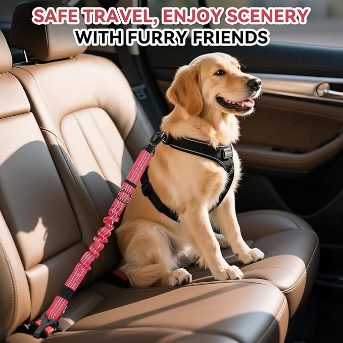 Pawaboo Dog Seatbelt for Car, 3-in-1 Dog Seat Belt Bungee, Shockproof Dogs Tether for Car with Buckle & Hook Latch, Adjustable Reflective Dogs Cars Harness Leash with 360° Lockable Buckle, Red