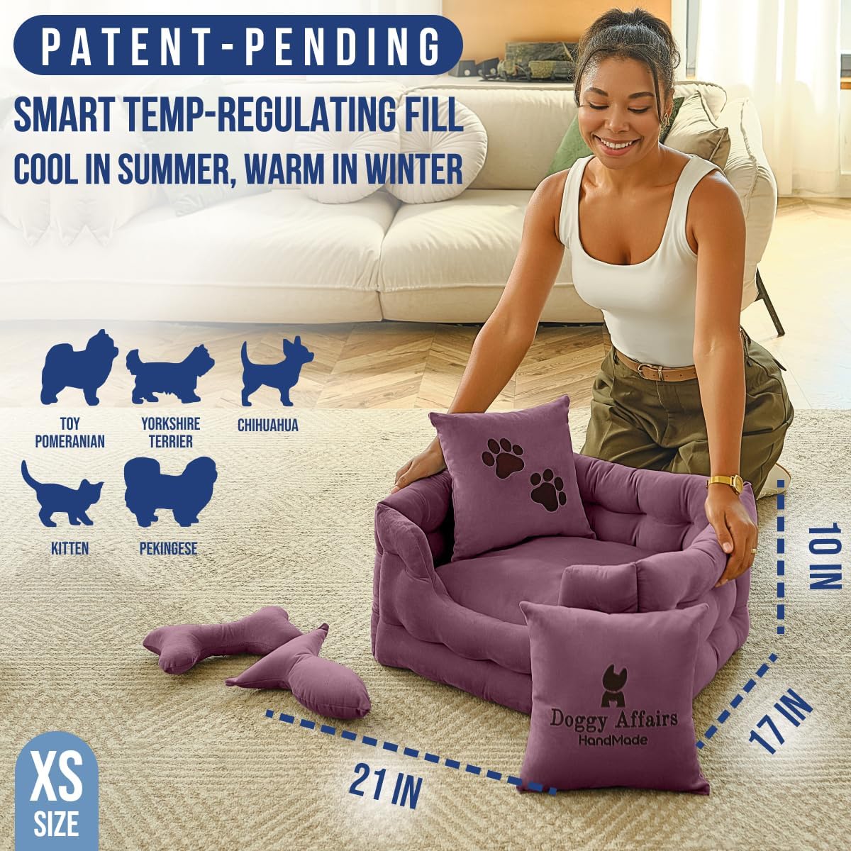 Luxury Dog Bed Chesterfield – Handcrafted Velvet Throne for Dogs | Joint Support, Calming & Temp-Regulating Comfort | Durable 5+ Years, Anti-Claw, Washable 100+ Times – XS, Purple