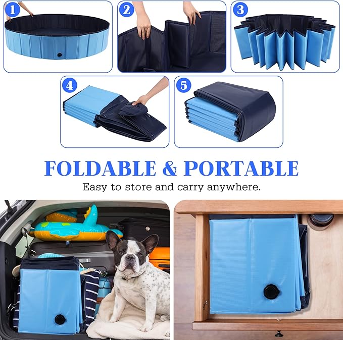 Foldable Dog Bath Swimming Pool Plastic Kiddie Pool Professional Tub Collapsible Grooming Bathtub for Pets Kids Baby and Toddler, 32 x 8 Inches Blue