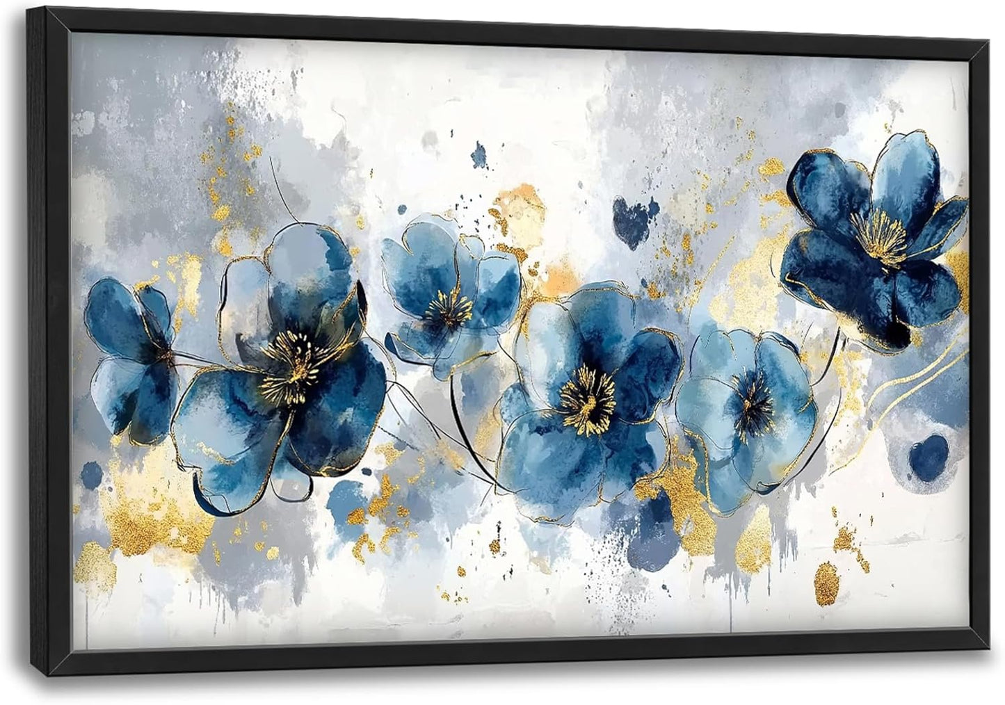 Extra Large Framed Abstract Blue Flower Wall Art,Oversized Golden Grey Floral Wall Decor Pictures for Living Room,Canvas Print Painting Modern Artwork Bedroom Office Bathroom Home Decor 36L" x 24W"