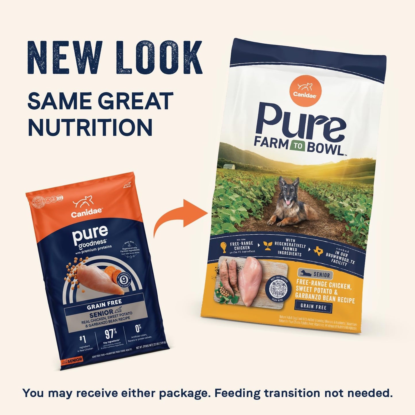 Canidae Pure Farm to Bowl Free-Range Chicken, Sweet Potato & Garbanzo Bean Grain-Free Senior Dog Food, Adult 22lb