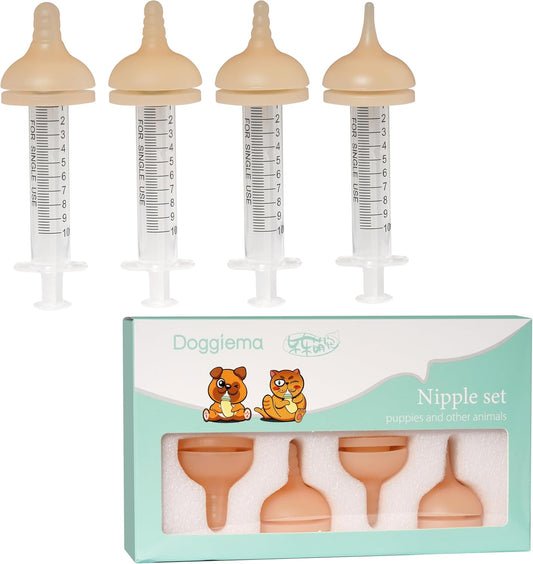 Silicone Feeding Nipple and Syringes for All Breed of Puppies and Other Animals Dongdong pet (4 Size Nipple+6 Syringes)