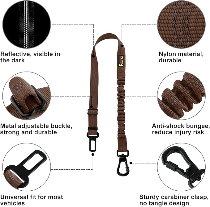 Plutus Pet Dog Seat Belt for Car, Adjustable Dog Car Harness with Carabiner Clip, Reflective Safety Dog Seatbelt Leash with Elastic Bungee, Chocolate