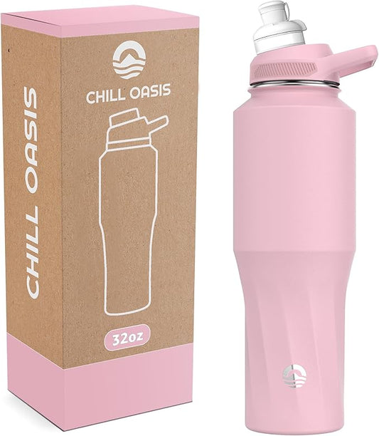 Chill Oasis Water Bottle | Compatible With Popular Flavor Cartridges | BPA Free, Leak Proof, Double-Walled Vacuum Insulated Stainless Steel, and Dishwasher Safe | Cold for 24 Hours (Pink, 32oz)