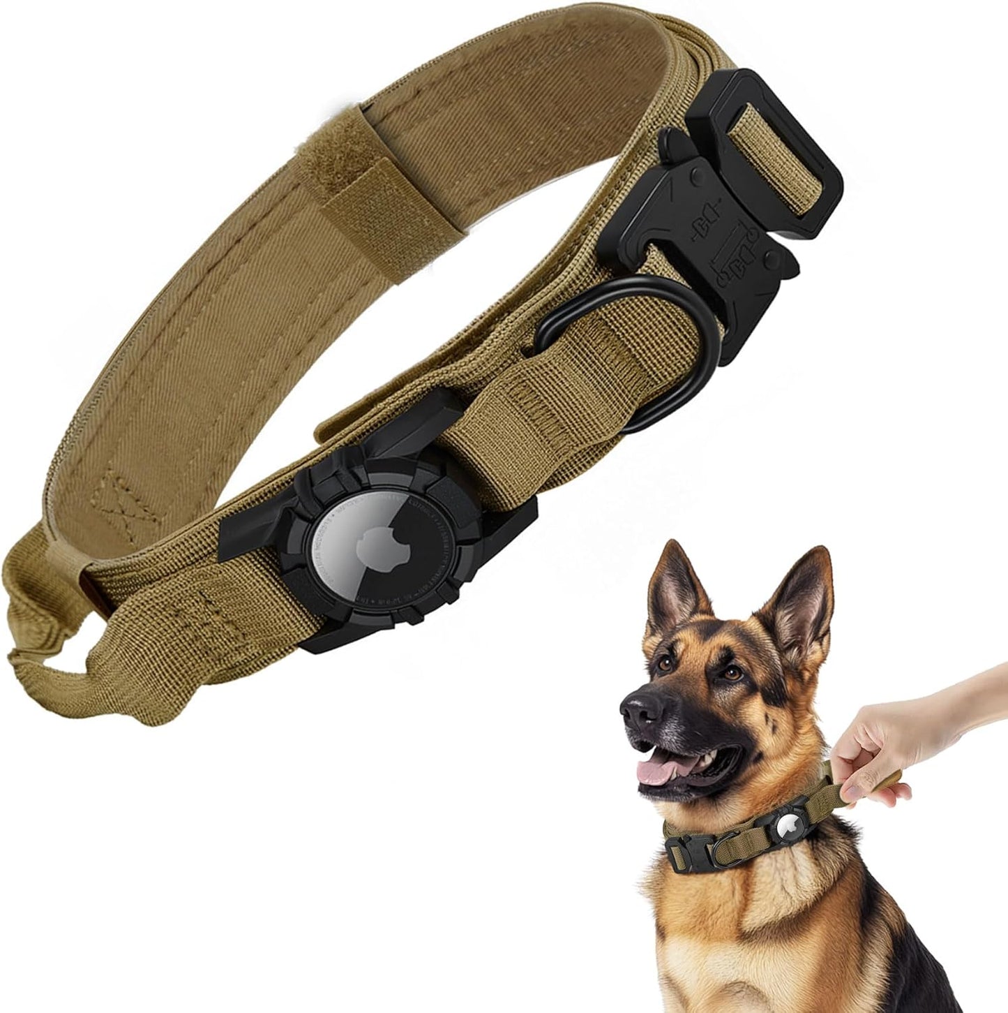 Tactical AirTag Dog Collar - Heavy Duty, Adjustable GPS Collar Compatible with Apple AirTag, with Holder & Control Handle for Medium/Large Dogs [ Brown, L ]