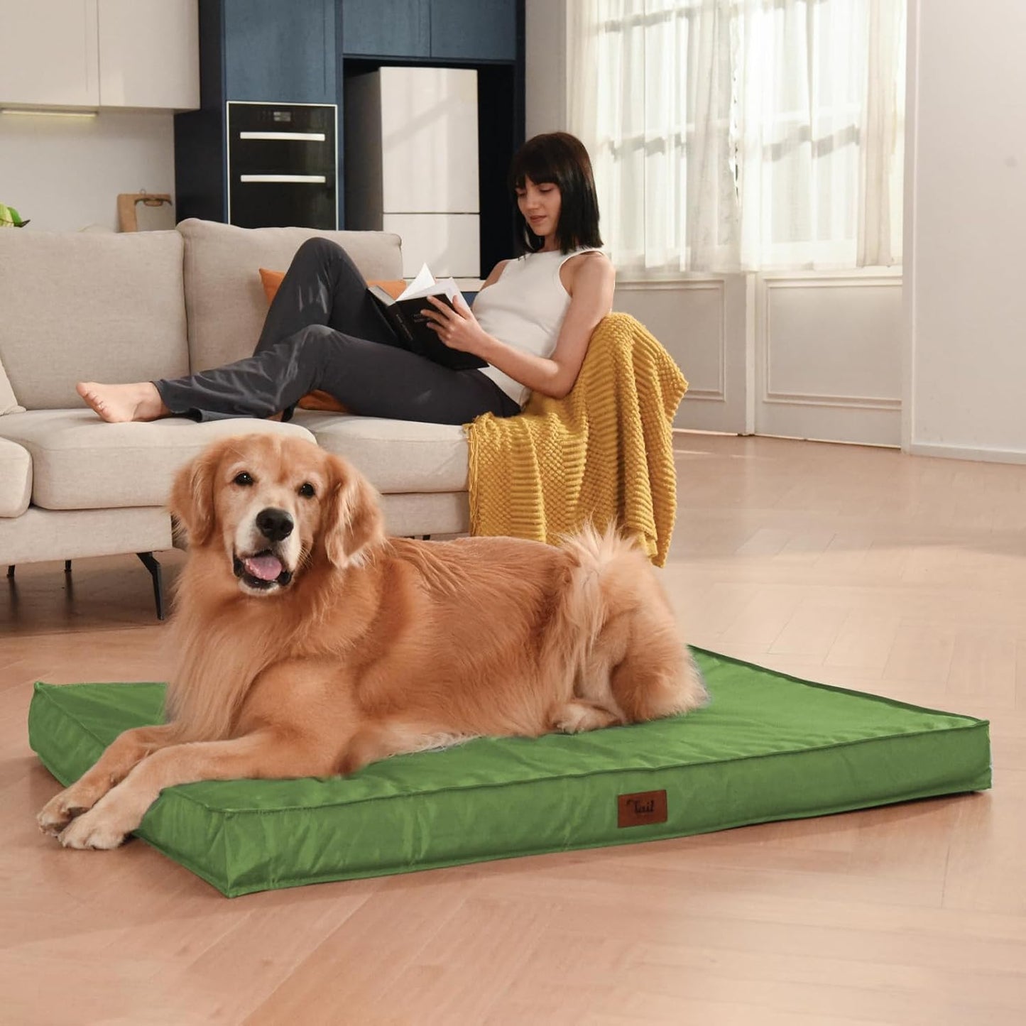 Outdoor Extra Large Dog Bed, Jumbo Waterproof Dog Bed for Large Dogs, Orthopedic Egg Foam Pet Bed Mat with Removable Oxford Cooling Cover, Light Green
