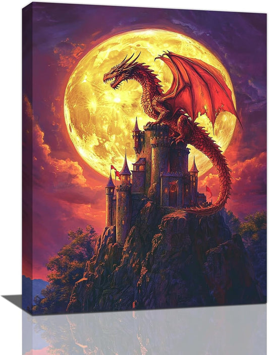 Dragon Bathroom Pictures Wall Art, Red Dragon Castle Bathroom Wall Decor, Framed Painting Canvas Artwork for Bedroom Living Room Decorations 20"L x 16"W