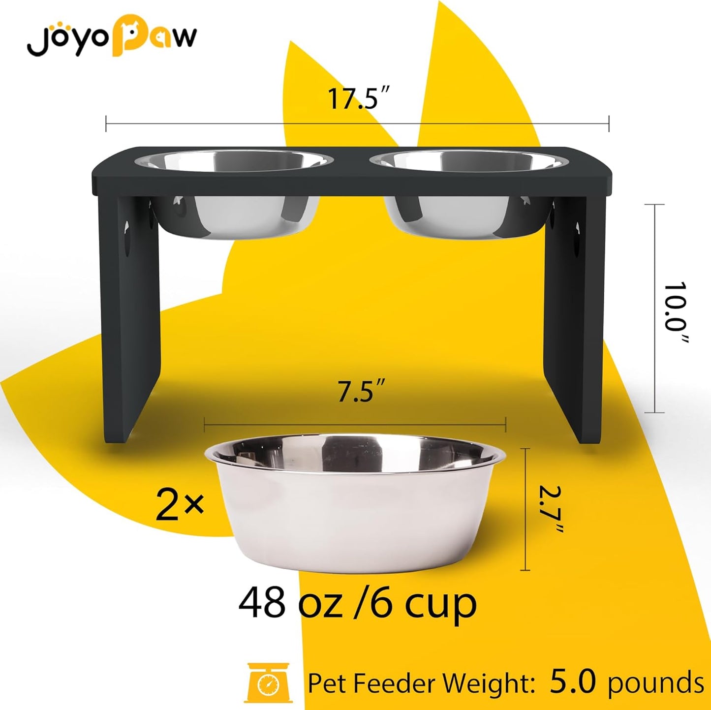 Elevated Dog Bowls, Bamboo Raised Dog Bowl for Large Dogs & Medium Dogs, with 2 Stainless Steel Bowls (10'' Tall–48 oz Bowl)