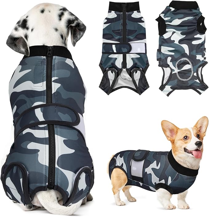 Lukovee Recovery Suit for Dogs, Zipper On Recovery Suit for Female Male Dog, Onesie Abdominal Wounds Cone E-Collar Alternative Prevent Licking Spay Recovery Suit (S,CF)