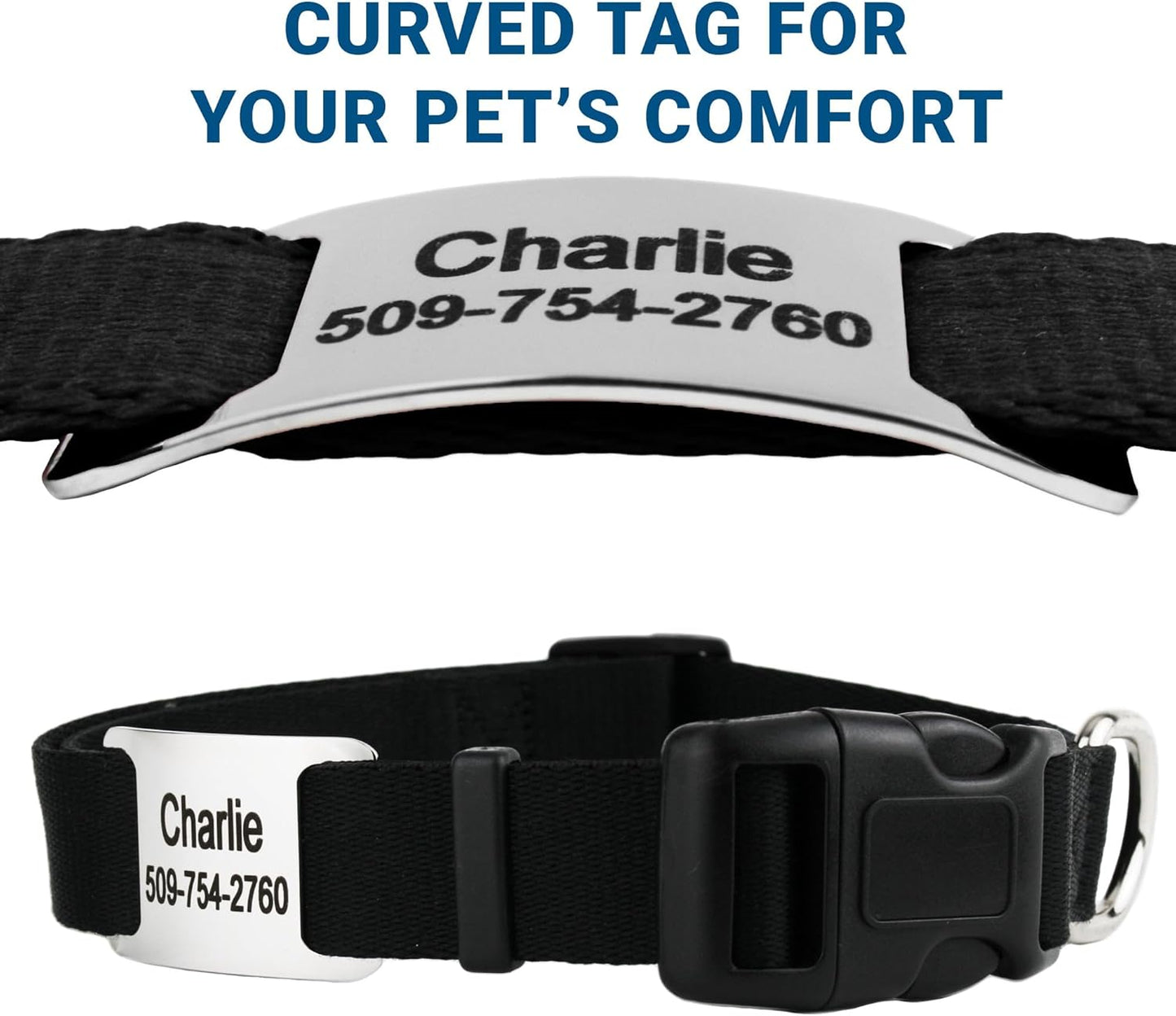 GoTags Personalized Dog Collar with Nameplate, Adjustable Dog Collar with Custom Engraved Slide On Pet ID Tag in Stainless Steel, Silent, No Noise Dog Tag (Light Blue, Large)