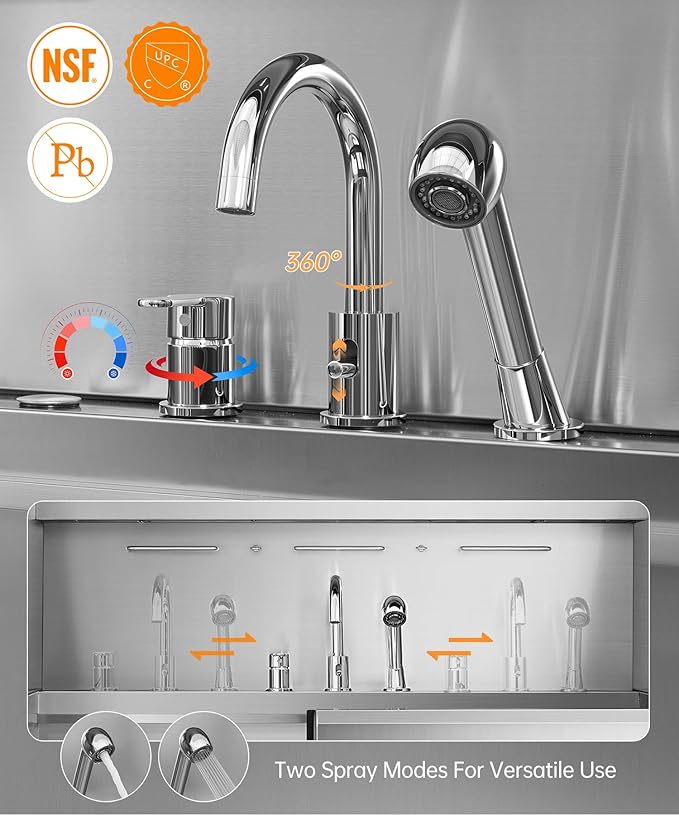 polimo Dog Washing Station, LED Professional Stainless Steel Dog Bathing Station 50", Dog Grooming Tub for Large, Medium & Small Dog - with Window, Ramp, Drawer, Floor Grate & Faucet (Left RAMP, 50")