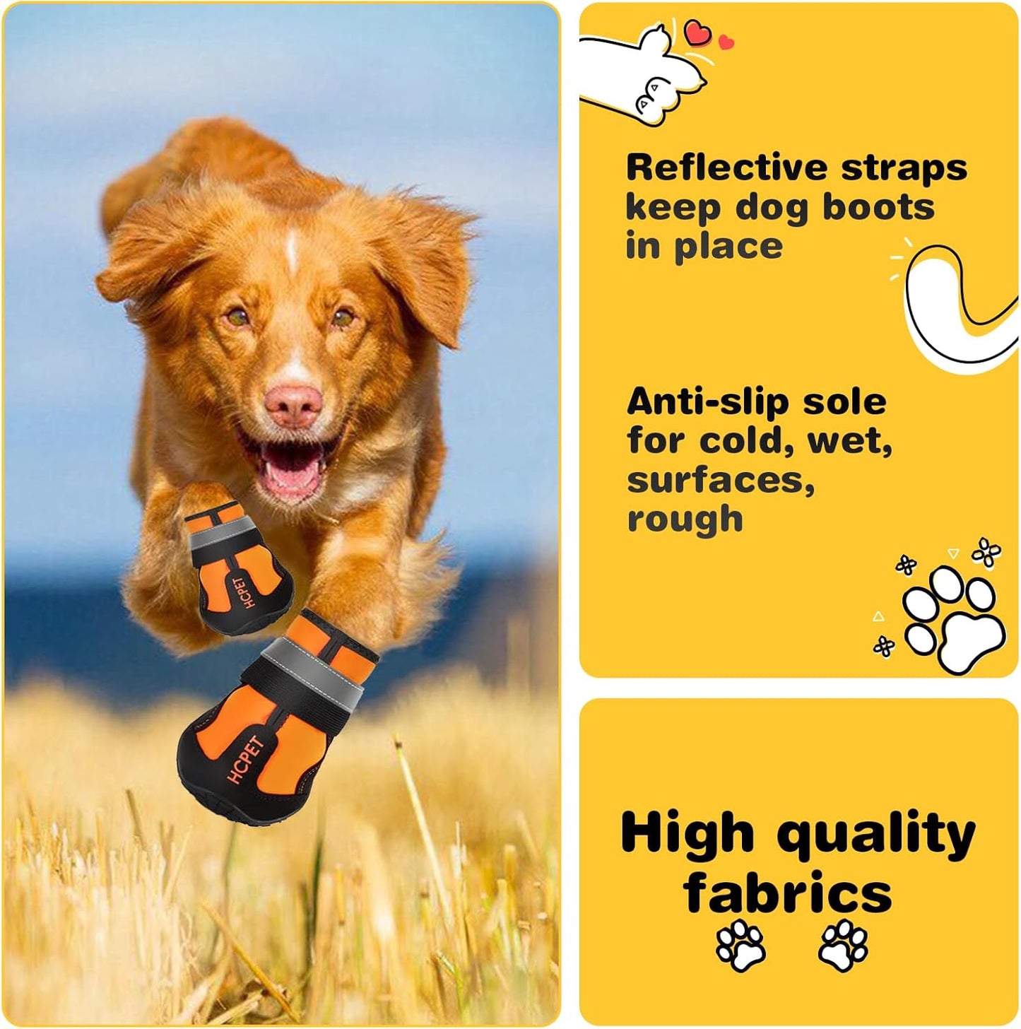 Hcpet Dog Shoes, Dog Boots for Large Dogs, Waterproof Dog Booties Paw Protector for Summer Hot Pavement, Winter Snowy Day, Outdoor Walking, Indoor Hardfloors Anti Slip Sole Orange Size 6