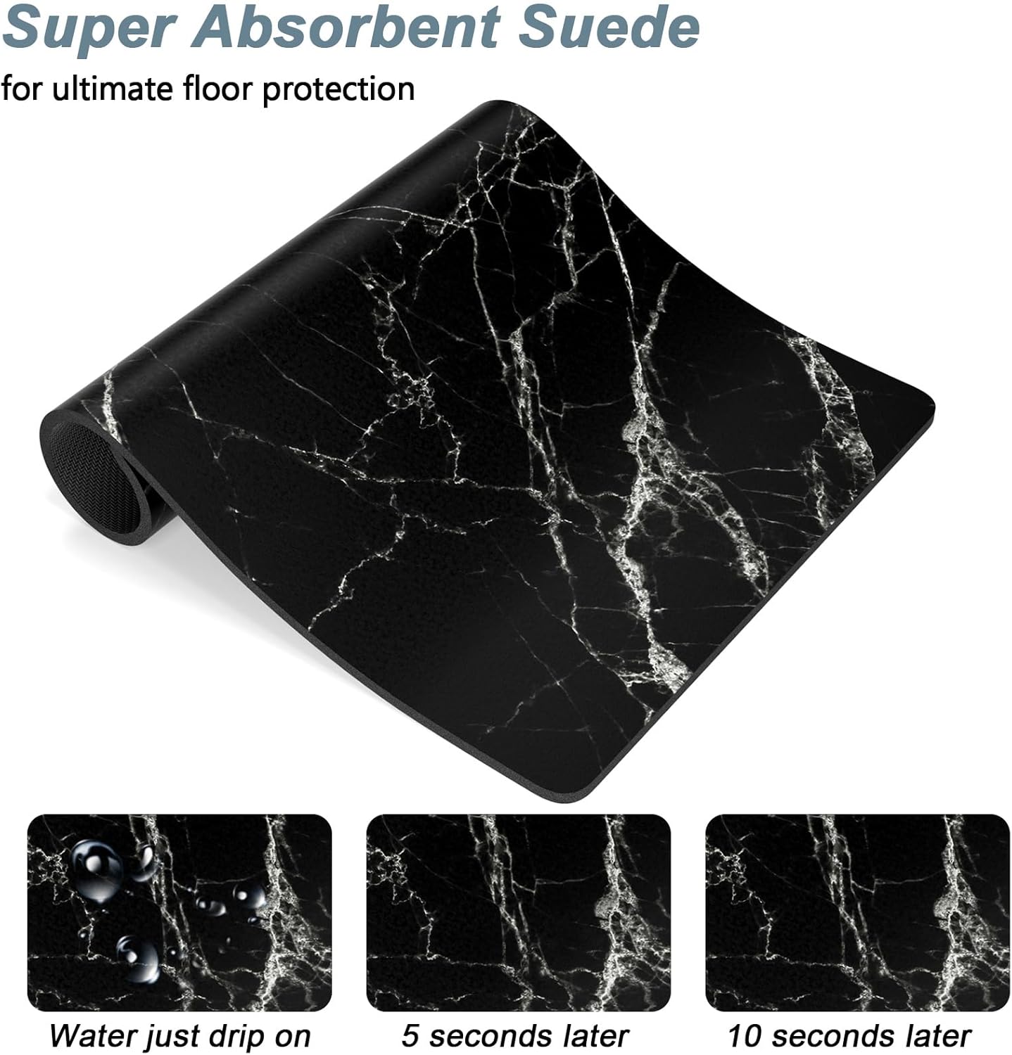 Rnivvi Dog Food Mat, 12" x 19" Marble Absorbent Dog Cat Bowl Mat for Food and Water, Cute Anti-Slip Rubber Pet Feeding Rug Protect Floors, Puppy Placemat for Feeding & Watering Supplies, Black